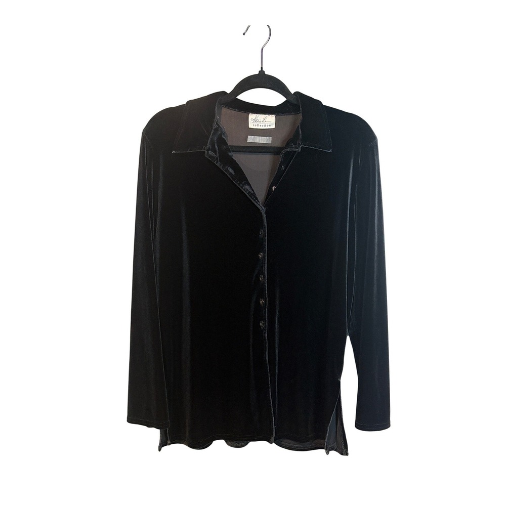 Kathie Lee Collection Black Velvet Button Down Shirt Vintage 90s Size L